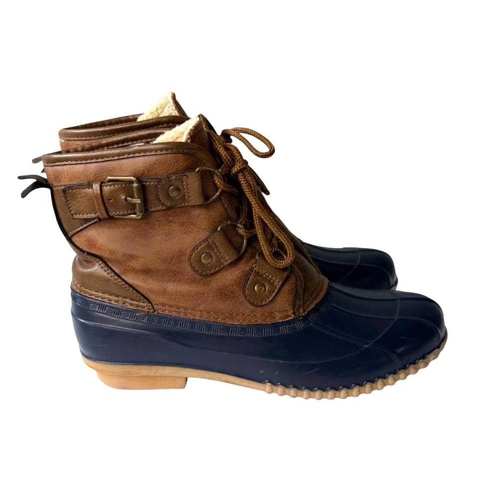 Magellan Outdoors Womens Duck Boots Brown Navy Faux Fur Plaid 157437 Size 7M
